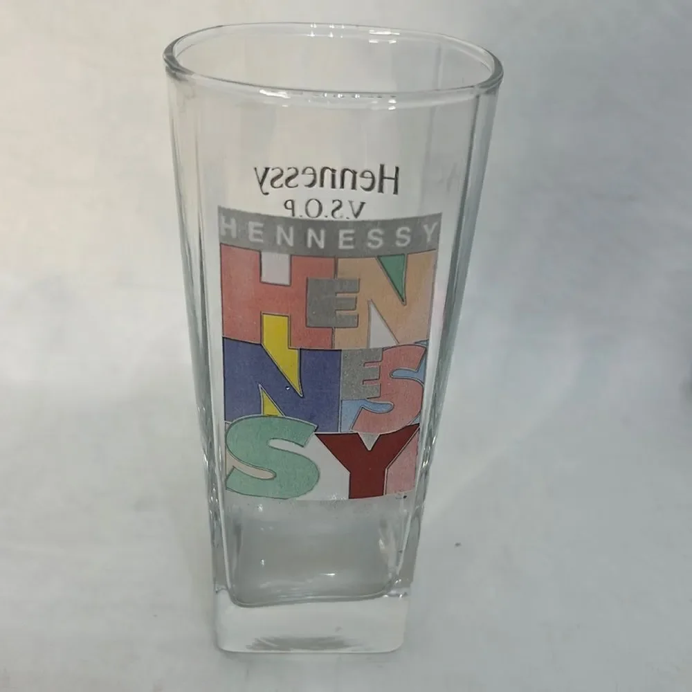 Hennessy V.S.O.P Glass 12 Oz 5 1/2 In Tall 2 1/2 In Square Top Pink Blue Green